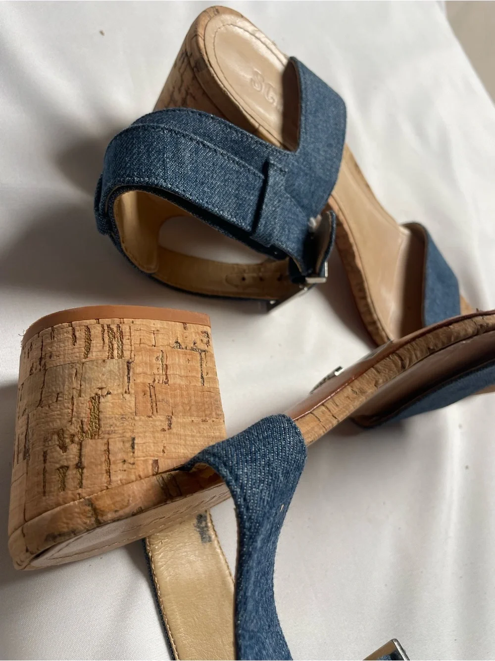 SCHUTZ Denim Cork Wedge Sandals - Dark Blue